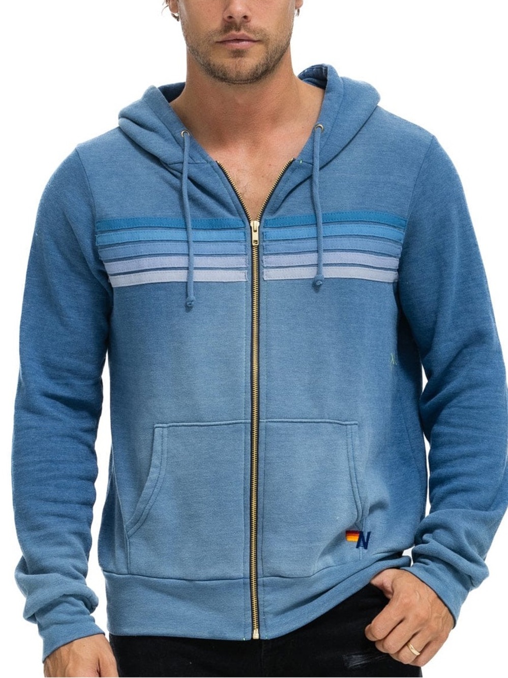 Aviator Nation Unisex 5 Stripe Hoodie Faded Water Blue Full Zip Size S